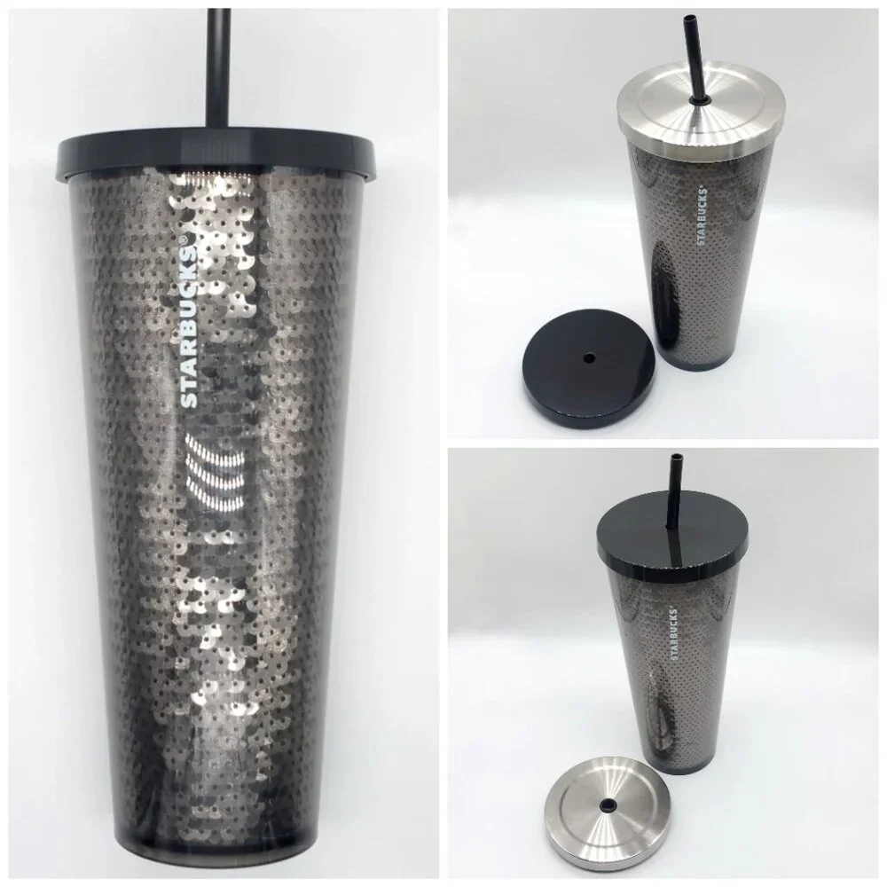 Starbucks Black Sequins Cold Cup Tumbler with FREE EXTRA LID 24oz